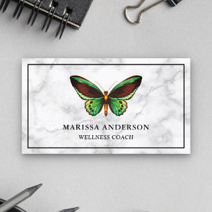 Cartão De Visita Mármore Branco Elegante Borboleta Verde