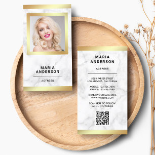 Cartão De Visita Mármore Branco Modelo Atriz Ouro Código QR Foto