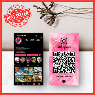 Cartão De Visita Mármore de Ágata Rosa e Preto Elegante QR do Insta