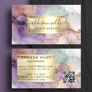 Cartão De Visita Mármore de Aquarela Roxo e Dourado