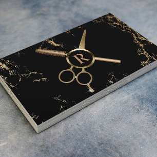 Cartão De Visita Mármore preto do monograma do cabeleireiro &