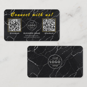 Cartão De Visita Mármore Preto Luxuoso Código QR Duplo Dourado