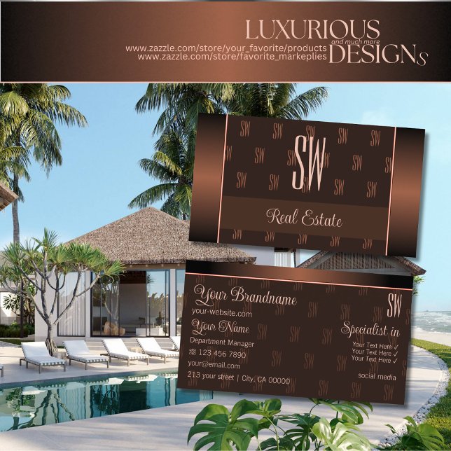 Cartão De Visita Marrom elegante com padrão inicial profissional (Criador carregado)