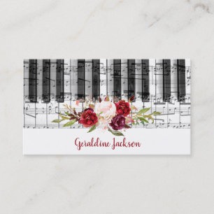 Cartão De Visita marsala flores e design de música para piano