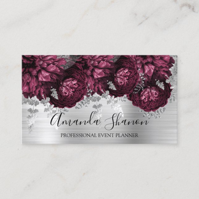 Cartão De Visita Marsala Peony Flowers Silver Logo Planner (Frente)
