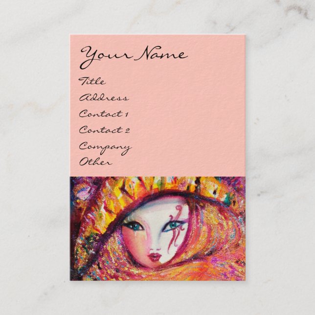 CARTÃO DE VISITA MÁSCARA CARNIVAL AMARELO COM ROSA VERMELHA (Frente)