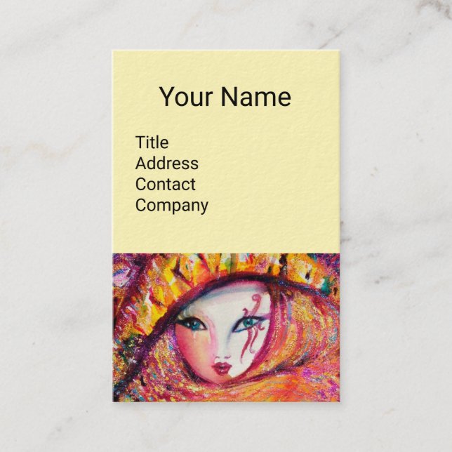 CARTÃO DE VISITA MÁSCARA CARNIVAL AMARELO COM ROSA VERMELHA (Frente)