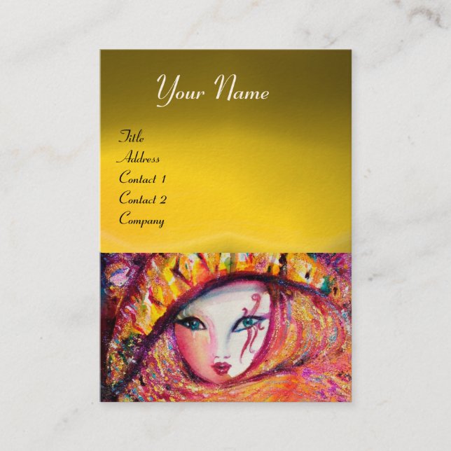 Cartão De Visita MÁSCARA CARNIVAL AMARELO COM ROSA VERMELHA, Topaz (Frente)