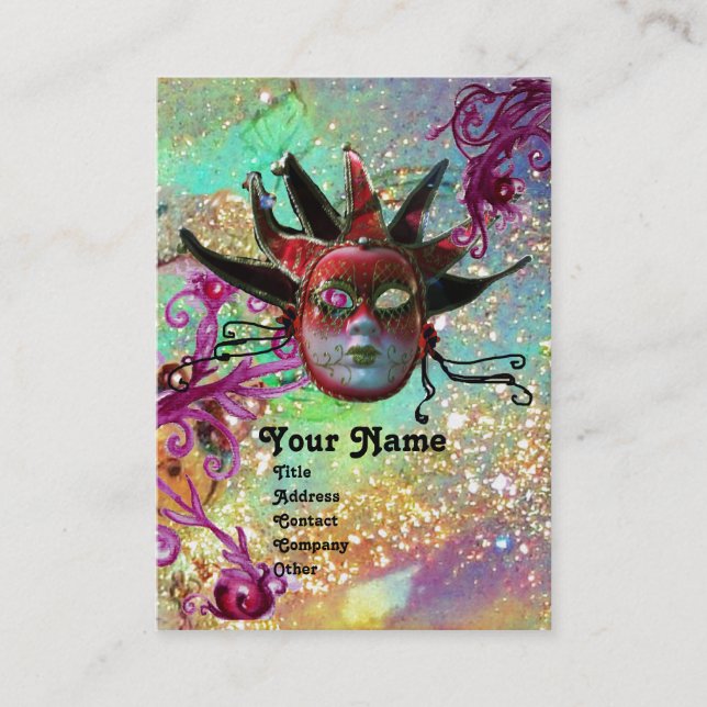 Cartão De Visita MASCARADA verde-Dourado NEGRO VERMELHO JESTER MASK (Frente)