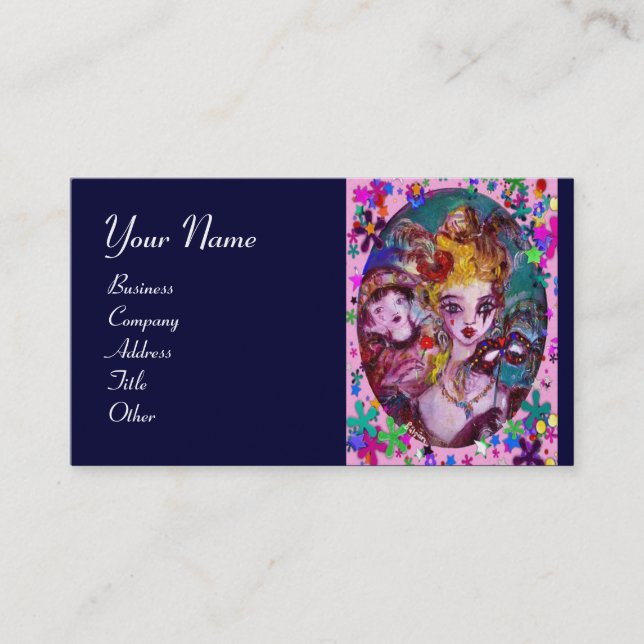 Cartão De Visita MÁSCARAS MASCARADA de namorados,CONFETTI,azul-rosa (Frente)