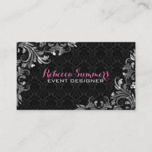 Cartão De Visita Máscaras pretas de rendas prateadas elegantes