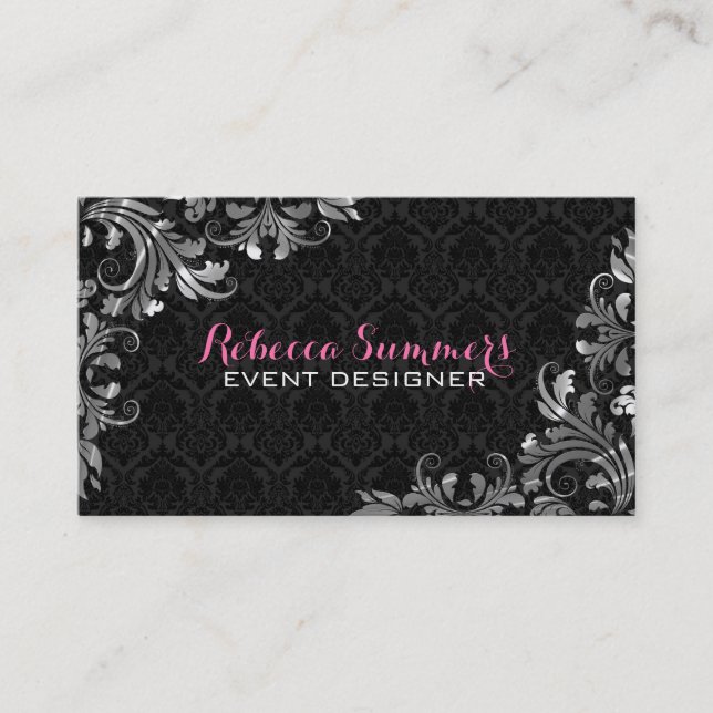 Cartão De Visita Máscaras pretas de rendas prateadas elegantes (Frente)