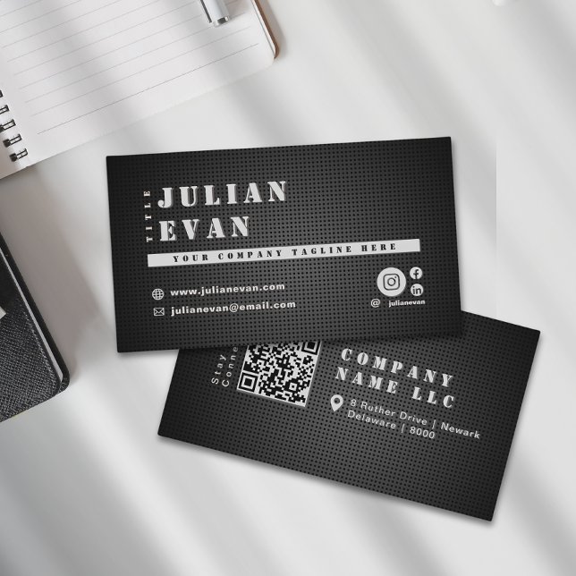 Cartão De Visita Masculina de estilhaços de metal preto Na moda mod (Modern Stylish Black Metal Bold Stencil Masculine Business Card)