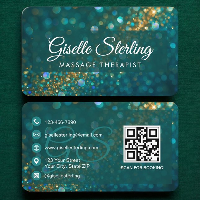 Cartão De Visita Massage Therapist Green Gold QR Code (Criador carregado)