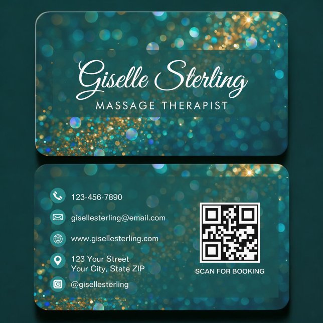Cartão De Visita Massage Therapist  Green Gold QR Code Professional (Criador carregado)