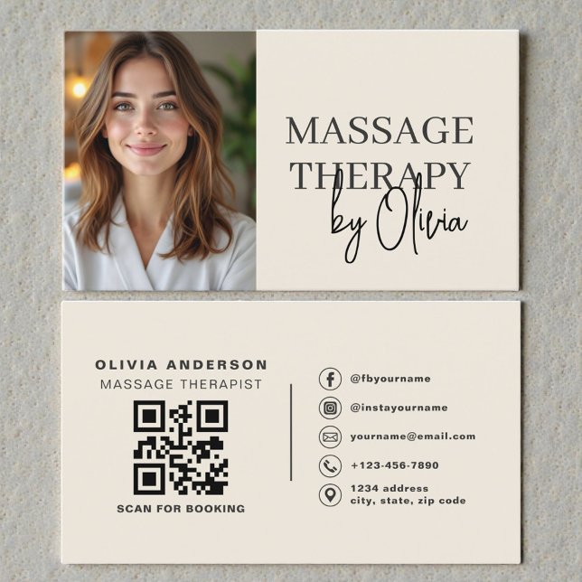 Cartão De Visita Massage Therapist Neutral Beige Photo QR Code (Criador carregado)