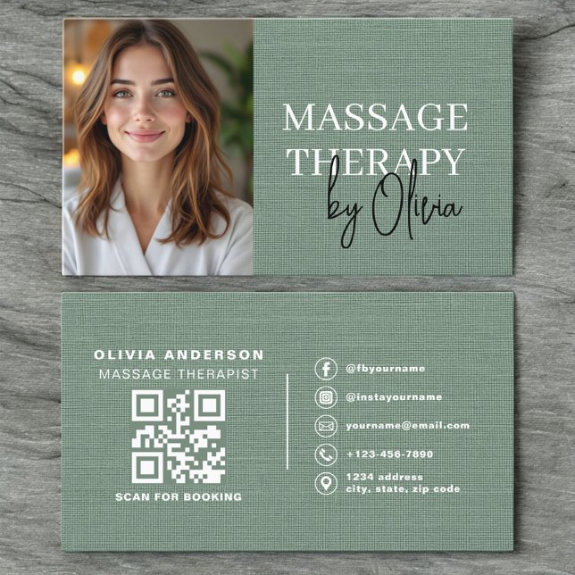 Cartão De Visita Massage Therapist Photo Linen Sage Green  (Criador carregado)