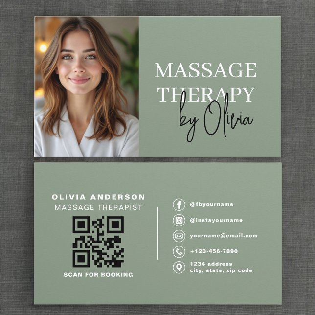Cartão De Visita Massage Therapist Photo Luxury Sage Green  (Criador carregado)