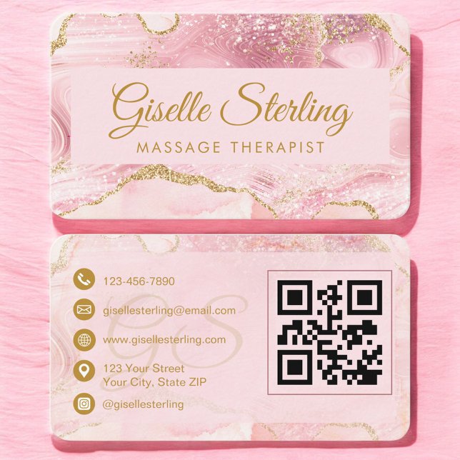 Cartão De Visita Massage Therapist Pink Gold Agate QR Code (Criador carregado)