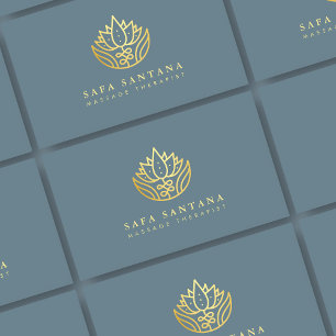 Cartão De Visita Massagem Azul Posto E Flor De Lotus Dourada