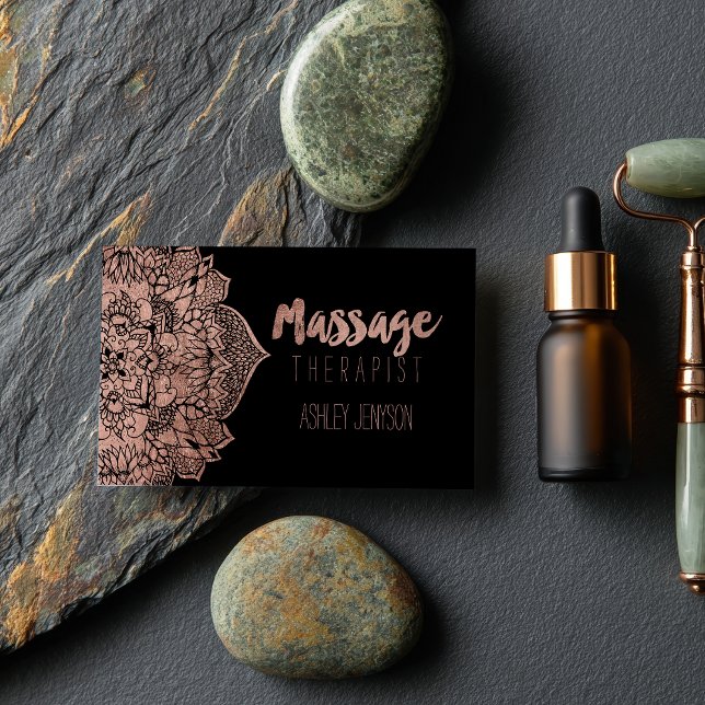 Cartão De Visita Massagem Faux rosa gold boho floral mandala (Faux rose gold boho floral mandala massage business card)