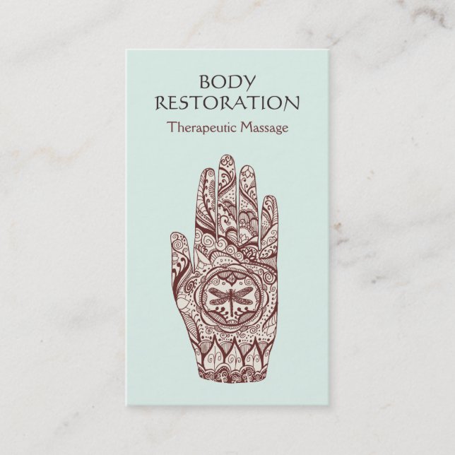 Cartão De Visita Massagem Terapista Henna Dragonfly Tattoo Mão 2 (Frente)