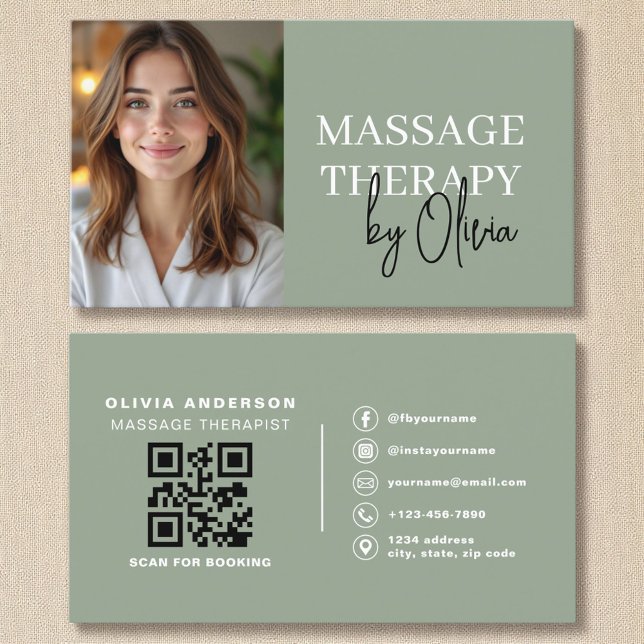 Cartão De Visita Massagem Terapista QR Code Sage Foto Verde (Criador carregado)