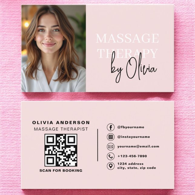Cartão De Visita Massagem Terapista QR Código Blush Foto Rosa (Criador carregado)