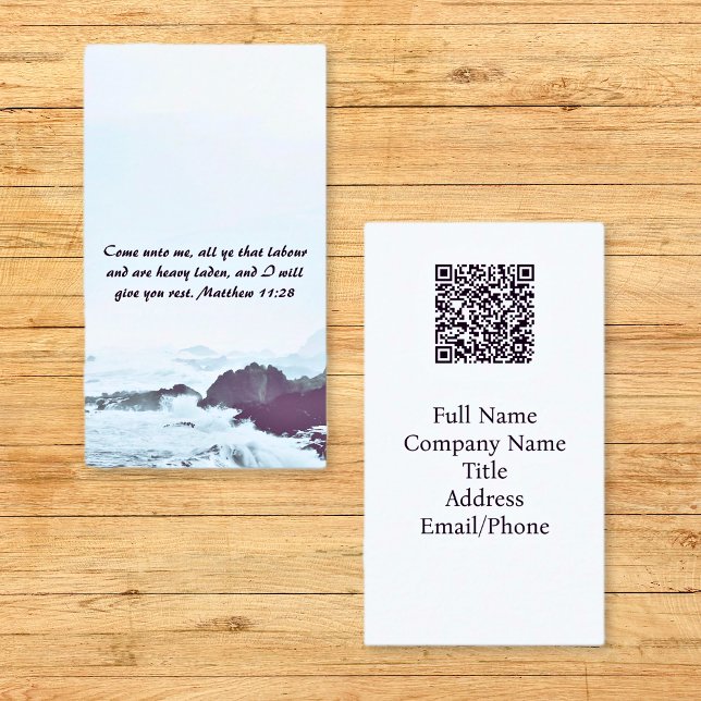 Cartão De Visita Matthew 11:28 Ocean Red Sunset Código QR (Matthew 11:28 Ocean Red Sunset QR code Business Cards)