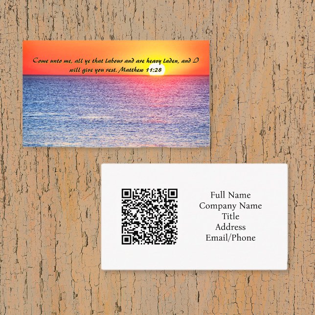 Cartão De Visita Matthew 11:28 Ocean Red Sunset Código QR (Matthew 11:28 Ocean Red Sunset QR code Business Card)