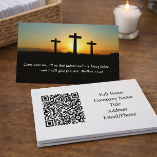Cartão De Visita Matthew 11:28 Três Cruzes Pôr do Sol código QR