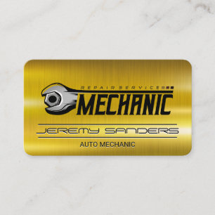 Cartão De Visita Mecânico Automotivo   Metal Dourado   Logotipo de 