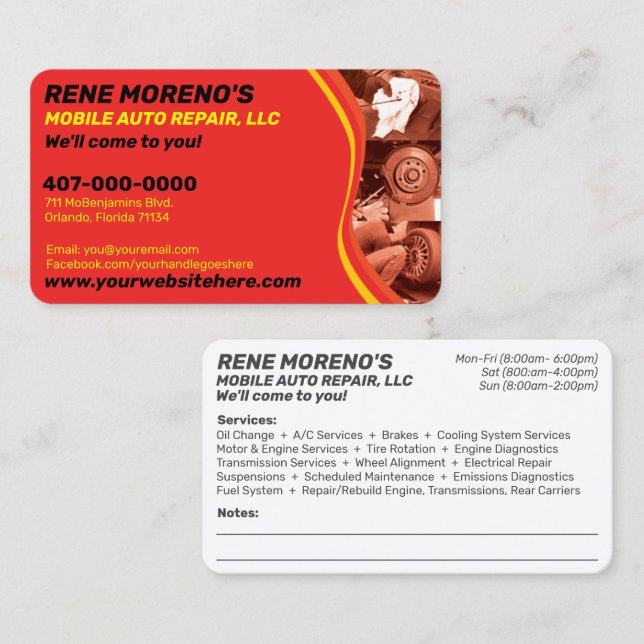 Cartão De Visita Mecânico de reparo de automóveis móveis de 2 lados (Frente/Verso)