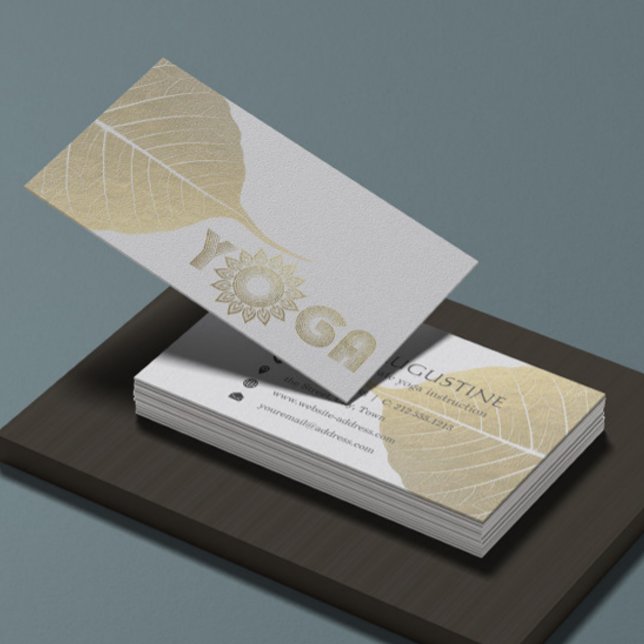 Cartão De Visita Mediação Yoga Branca e Dourada Mandala Bodhi Leaf (Criador carregado)