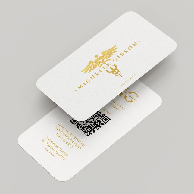 Cartão De Visita Médico Médico Enfermeiro Caduceus Elegante Branco  (Medical Doctor Nurse Caduceus Elegant White Gold Business Card
)
