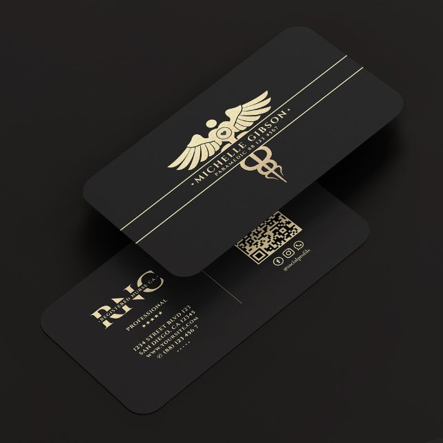 Cartão De Visita Médico moderno Monograma Caduceus Preto Dourado (Modern Medical Doctor Monogram Caduceus Black Gold Business Card
)
