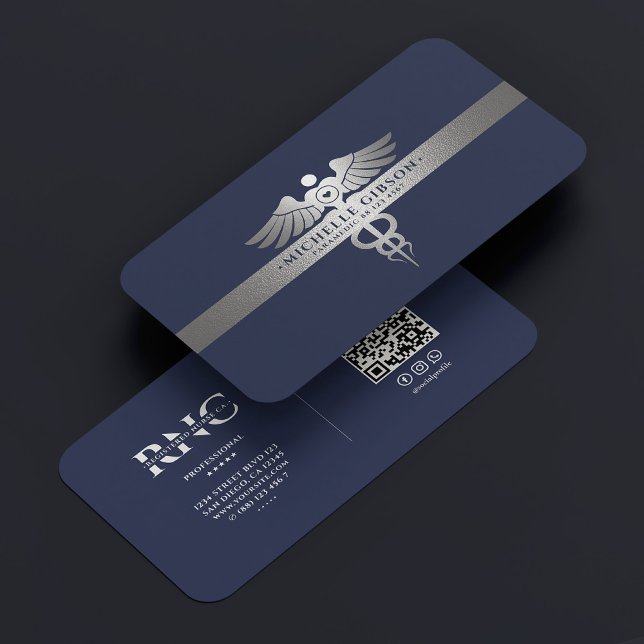 Cartão De Visita Médico Profissional Caduceus Blue Silver Mínimo (Medical Professional Caduceus Blue Silver Minimal Business Card
)