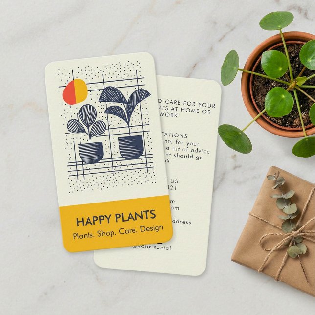 Cartão De Visita Médio-Século Moderno Planta Amarelo e Marinho (Mid-Century Modern House Plant Yellow and Navy Business Card.)