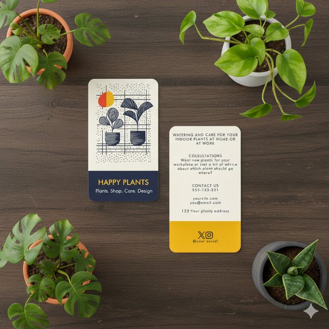 Cartão De Visita Meio século divertida da Moderna Casa Planta Amare (Mid Century fun Modern House Plant Yellow and Navy bold Business Card.)