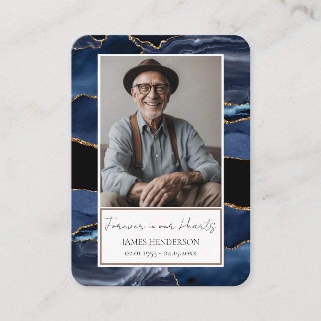 Cartão De Visita Memorial Blue Dourado Stone Fotografia Funeral Kee (Frente)