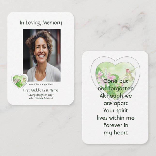 Cartão De Visita Memorial, Celebração da Vida, Serviço Hummingbird (Frente/Verso)