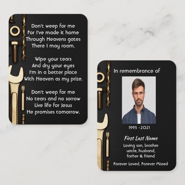 Cartão De Visita Memorial Christian Photo Prayer Tools Mecanic (Frente/Verso)