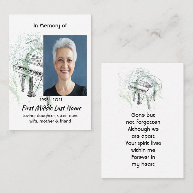 Cartão De Visita Memorial Keepsake Photo Prayer Piano Musician (Frente/Verso)