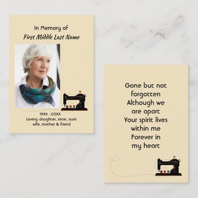 Cartão De Visita Memorial Keepsake Seamstress  (Frente/Verso)