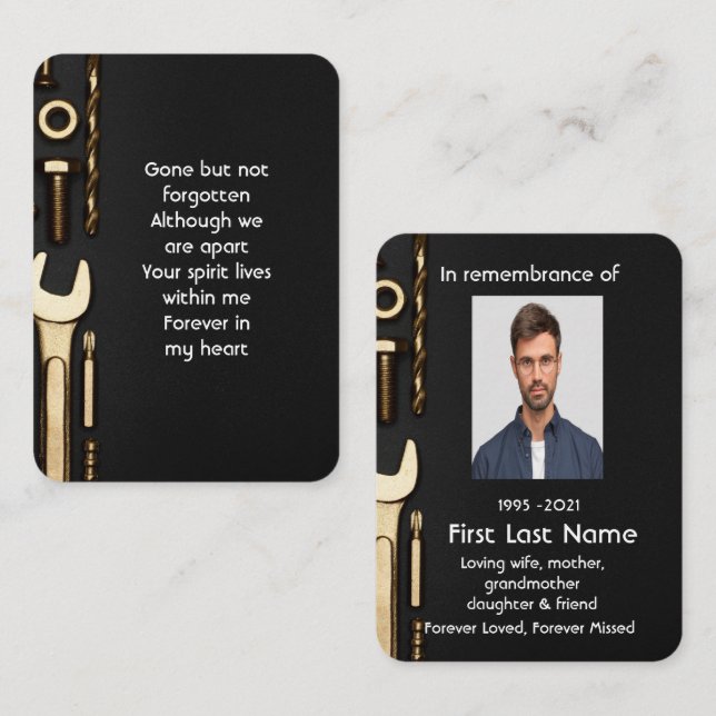 Cartão De Visita Memorial Photo Prayer Tools Mechanic (Frente/Verso)