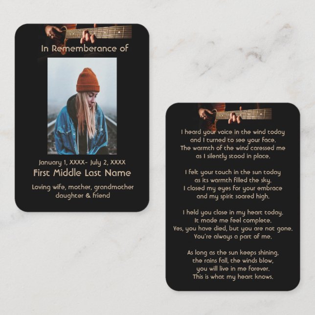 Cartão De Visita Memorial Pocket Keepsasaem Música de Violão (Frente/Verso)