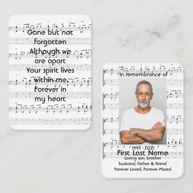 Cartão De Visita Memorial Service Invite Music Notes background (Frente/Verso)