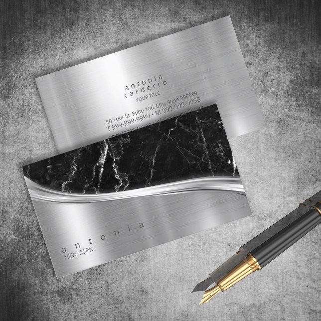 Cartão De Visita Metal and Glitter Marble Wave Blk Silver ID808 (Criador carregado)