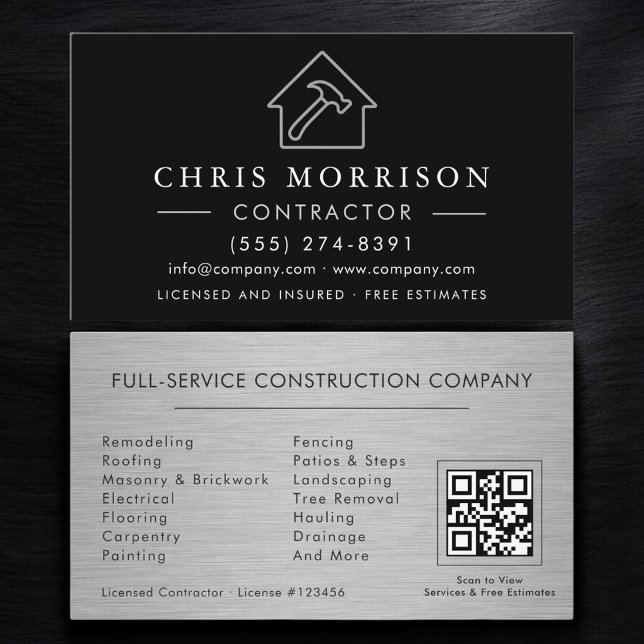 Cartão De Visita Metal Building Construction Black Silver QR Code (Criador carregado)