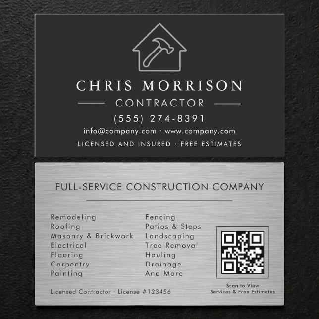 Cartão De Visita Metal Building Construction Black Silver QR Code (Criador carregado)